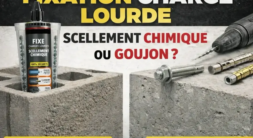 Scellement chimique ou goujon pour parpaing creux charge lourde ? L'image compare les deux solutions pour une fixation solide.