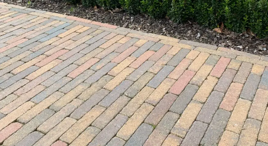 Un chemin en pavés extérieurs aux teintes chaudes et grises, bordé par un buisson verdoyant.