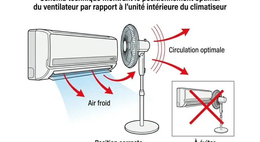 Schéma montrant comment positionner un ventilateur pour une circulation d'air optimale avec un climatiseur. Position correcte : ventilateur face à l'air froid. À éviter : ventilateur derrière le climatiseur.