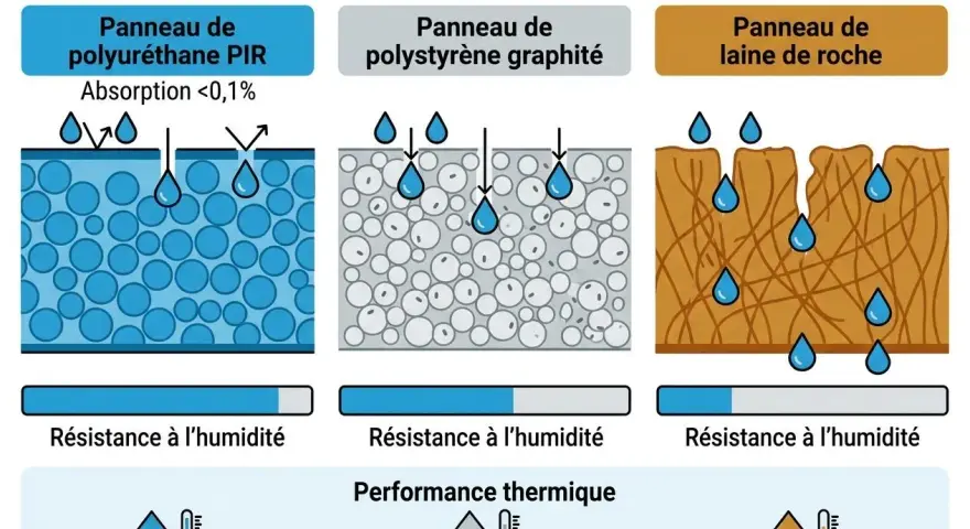Ce tableau comparatif d'isolants thermiques montre la résistance à l'humidité du polyuréthane PIR, du polystyrène graphité et de la laine de roche.
