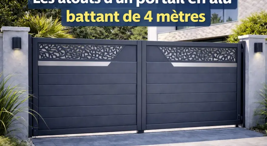 Un portail battant en aluminium de 4 mètres, moderne et élégant, avec un motif décoratif ajouré sur le dessus.