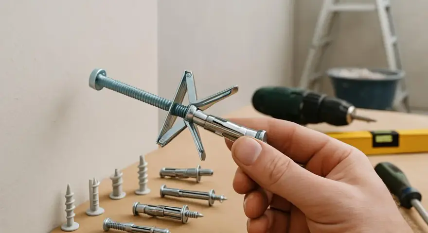 Main d'un bricoleur tenant un cheville métallique pour charge lourde sur carreau de plâtre. Divers chevilles et outils en arrière-plan.