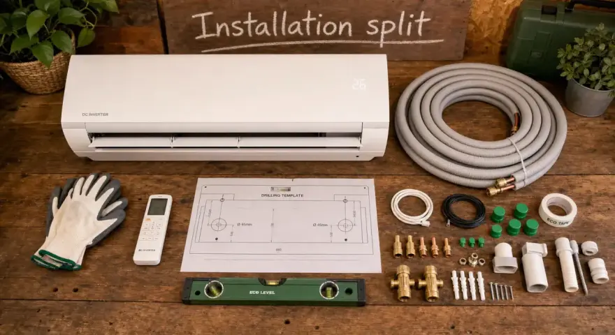 Tout le nécessaire pour installer la clim chez soi : unité intérieure, tuyaux, télécommande, niveau, gabarit de perçage et accessoires.