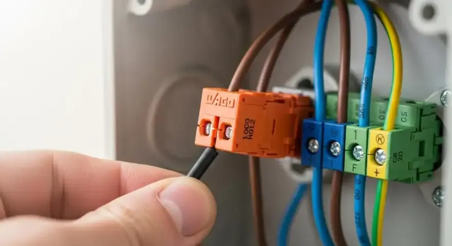 Main électrique pour brancher radiateur inertie sur prise de courant. Connexion des fils dans un boîtier.