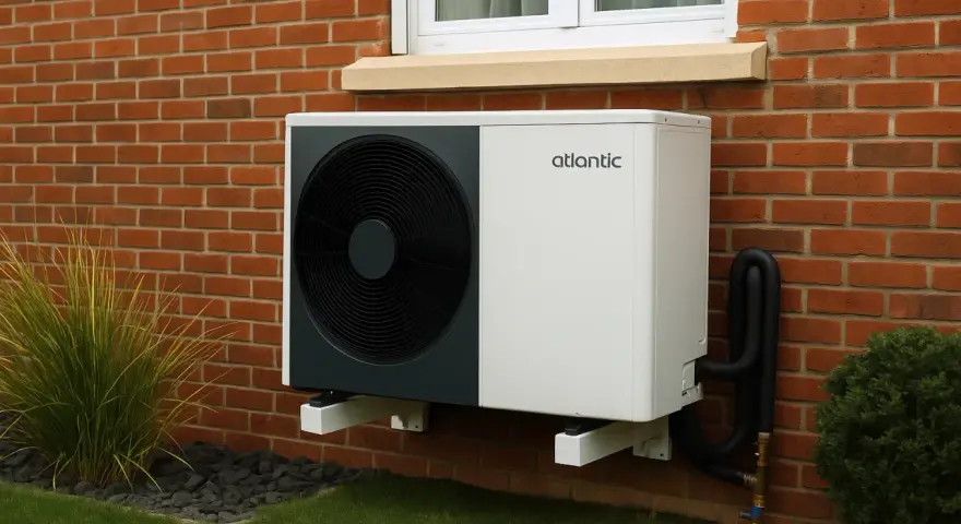 Une pompe à chaleur monobloc Atlantic, fixée au mur de briques d'une maison, avec des tuyaux noirs et un ventilateur visible.