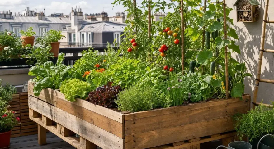 Un potager luxuriant sur un balcon, avec des tomates, concombres et salades dans une **déco jardin** en **palette**. L'**exterieur** est aménagé avec soin.