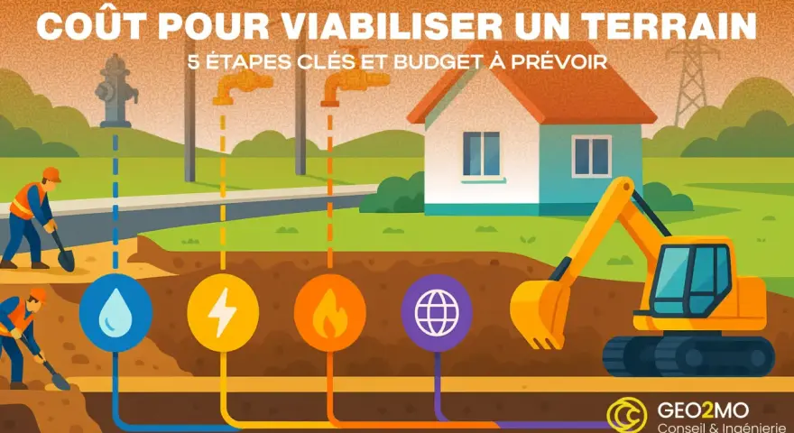 Illustration du coût pour viabiliser un terrain : ouvriers, pelleteuse, et réseaux (eau, électricité, gaz, internet) pour un projet de construction.