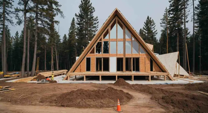 Maison en A en construction, un projet d'aide pour travaux fait soi-même. Bois, fenêtres et terrain en chantier.