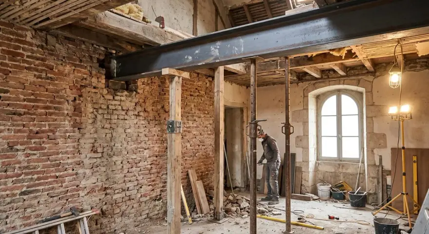 Un ouvrier travaille sous une poutre métallique soutenue par des étais, remplaçant un ipn mur porteur dans une maison en rénovation.