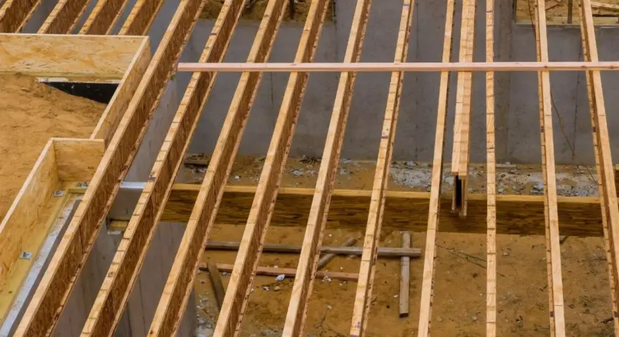 Structure en bois d'un plancher en construction. Le prix du solivage plancher m2 dépend de ces éléments.