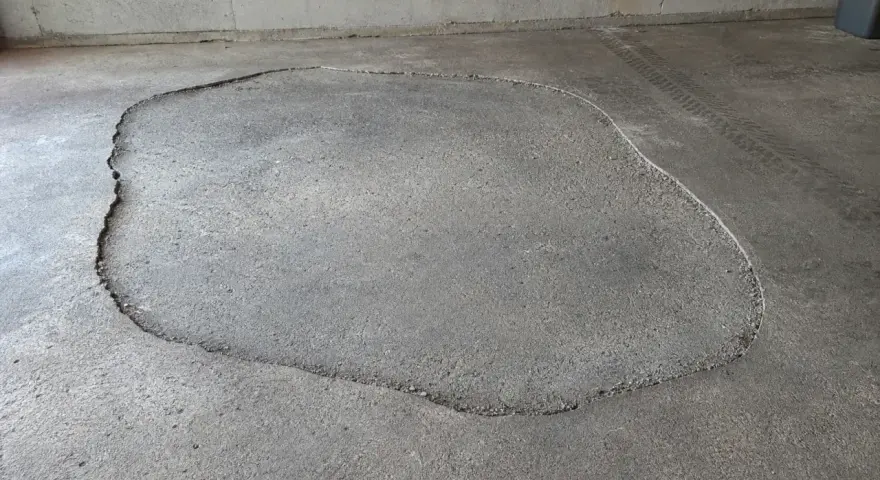 Une large fissure délimite une zone de la terrasse qui s'affaisse, révélant le gravier en dessous.