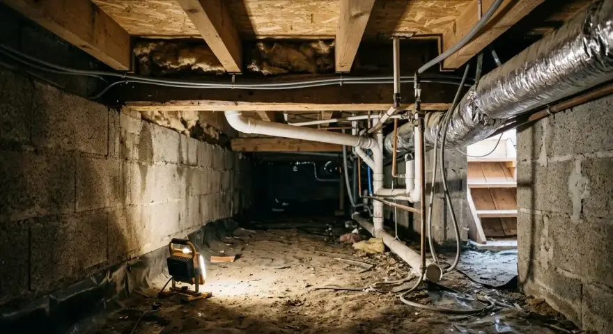 Éclairage d'un vide sanitaire humide, révélant des tuyaux, des conduits et des murs en blocs de béton.