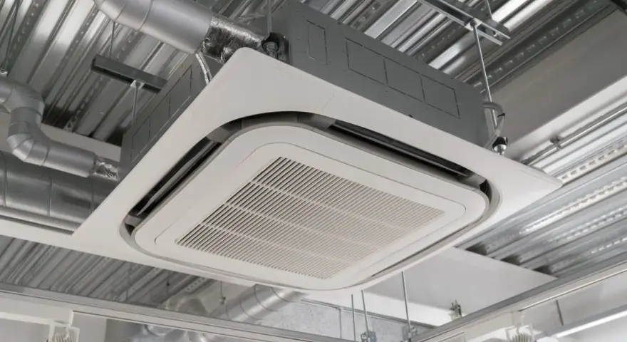 Unité de climatisation par le plafond, discrète et efficace, intégrée dans un faux plafond avec des conduits d'air apparents.