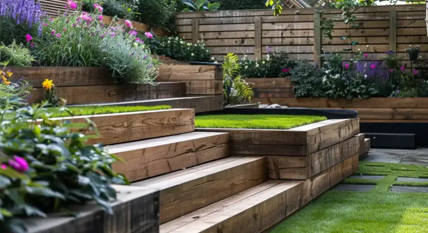 Jardin aménagé en terrasses sur un terrain en pente raide, avec des parterres de fleurs colorées et de l'herbe verte vive.