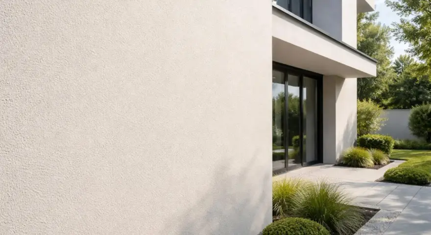 Un mur extérieur en enduit taloché blanc, avec une texture subtile, bordant un jardin moderne aux lignes épurées.