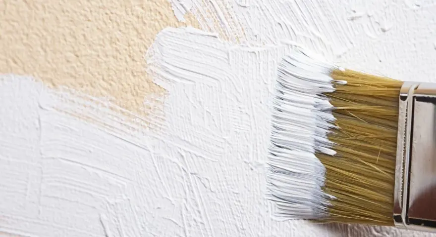Un pinceau applique un badigeon de chaux blanc sur un mur texturé de couleur beige.