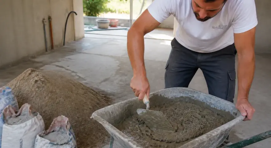 Un ouvrier mélange du ciment dans une brouette, préparant un chape maigre dosage pour une construction.