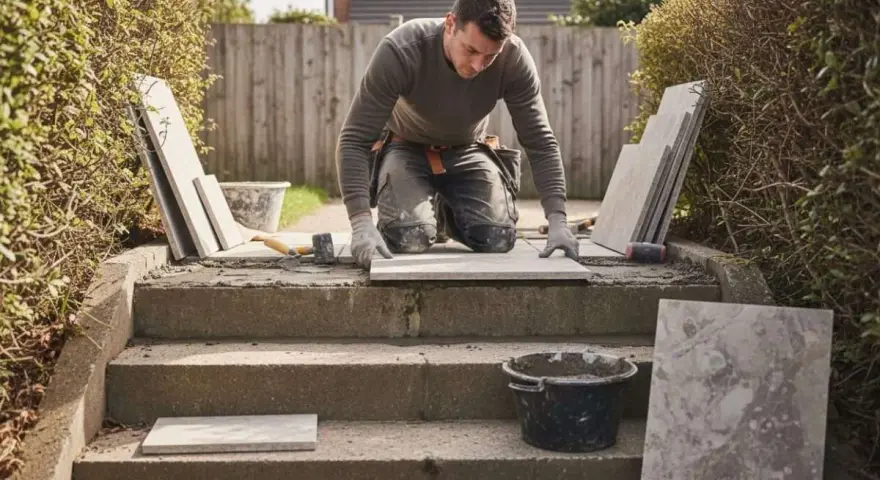 Un ouvrier pose des dalles sur un escalier extérieur en béton. Des outils et des matériaux sont à proximité.