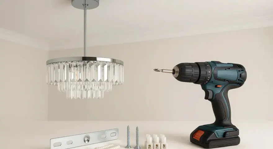 Comment fixer un lustre au plafond avec crochet : perceuse, vis, chevilles, connecteurs et un beau lustre en cristal.