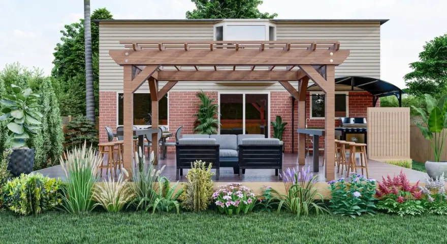 Un espace extérieur invitant avec pergola, salon, table et barbecue. Ce plan cuisine d'été est parfait pour recevoir.
