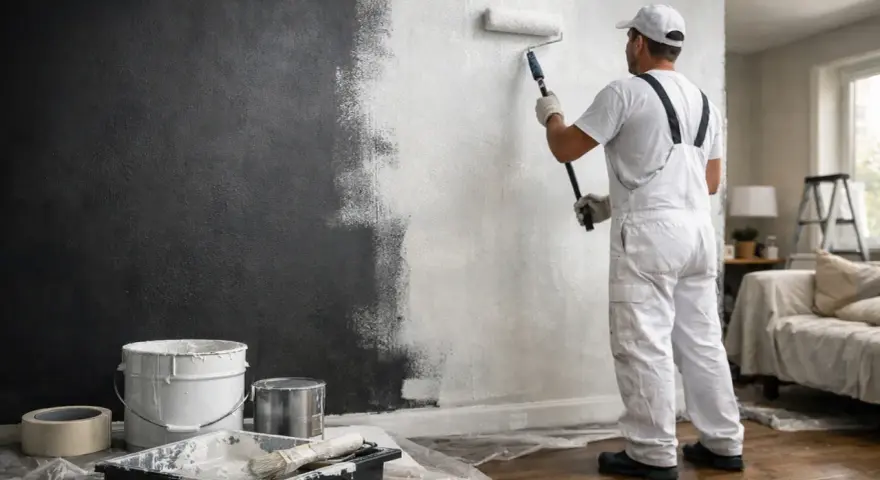 Un peintre en salopette blanche est en train de repeindre un mur de couleur sombre en blanc, utilisant un rouleau.