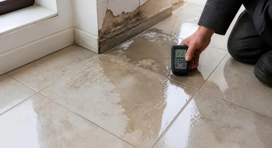Un professionnel mesure l'humidité au sol carrelage près d'un mur endommagé par l'eau.
