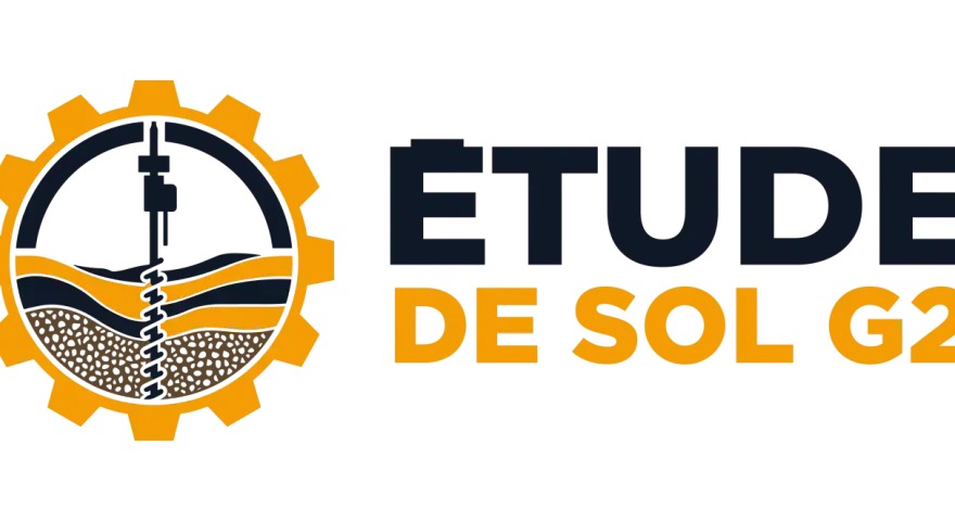 Logo d'une étude de sol G2 : une roue dentée jaune encadre un schéma de forage dans différentes couches de terre.