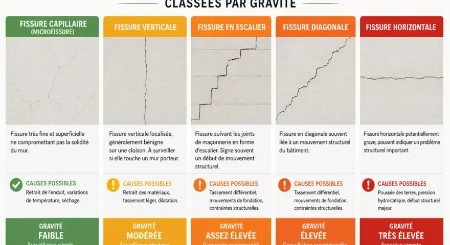 Guide des fissures sur les murs : microfissure, verticale, escalier, diagonale, horizontale. Aide à évaluer le budget rénovation maison.