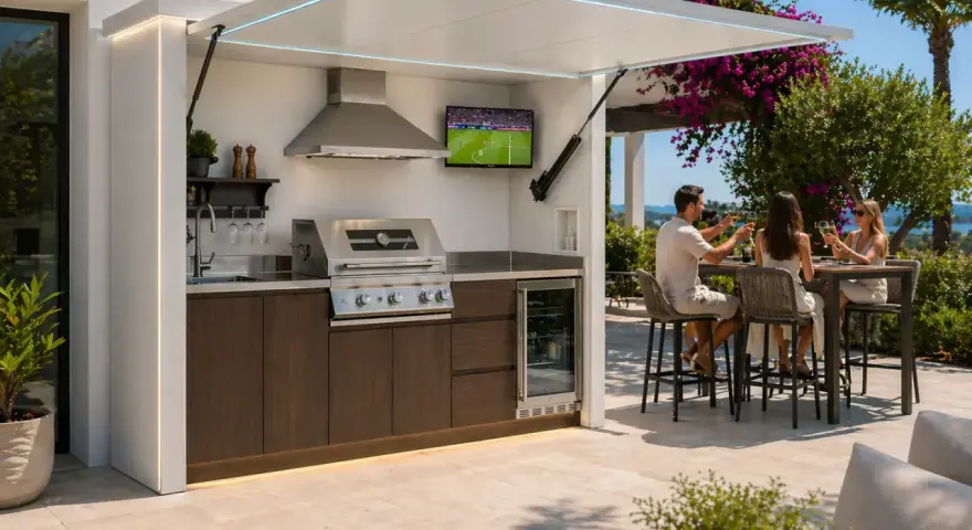 Idéal pour fabriquer un coin barbecue couvert : une cuisine extérieure moderne avec grill, évier, frigo et TV, où trois amis trinquent sous un auvent rétractable.