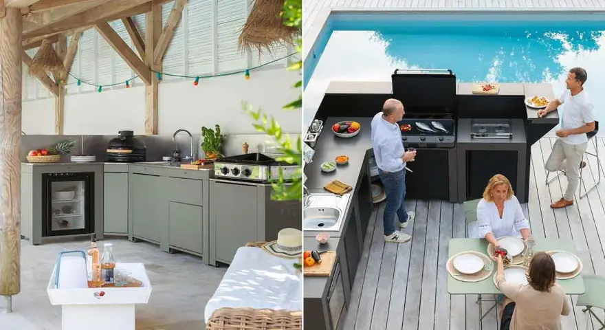 Deux cuisines d'été fait maison : une sous un auvent en bois, l'autre près d'une piscine avec des gens qui préparent un repas.