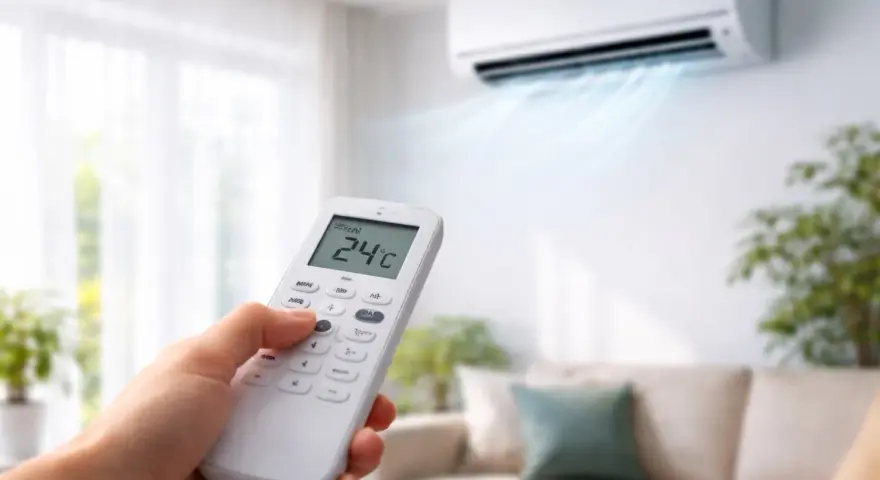 Main tenant utilise la télécommande pour le réglage clim, affichant 24°C. L'air frais sort du climatiseur.