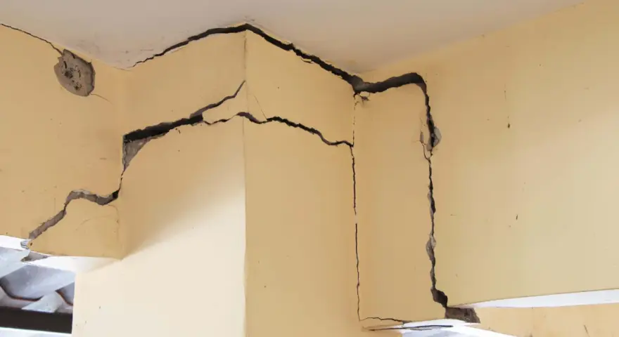 Détail d'une **micro fissure maison** sur un coin de mur en béton, révélant la structure interne.