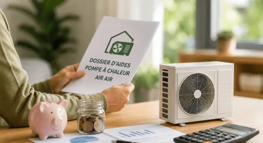 Une personne examine un dossier d'aide pour pompe à chaleur air air, avec une tirelire et un appareil extérieur à proximité.