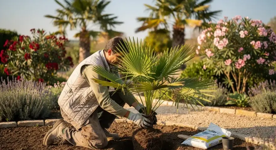Un jardinier plante un jeune palmier, ajoutant une touche tropicale à son projet de création de jardin.