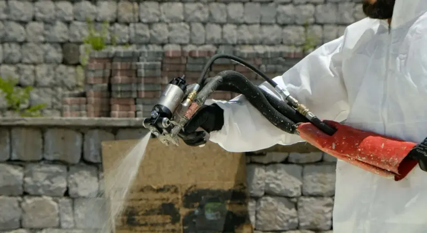 Un ouvrier en combinaison blanche applique une isolation mousse projetée sur un mur de pierres.