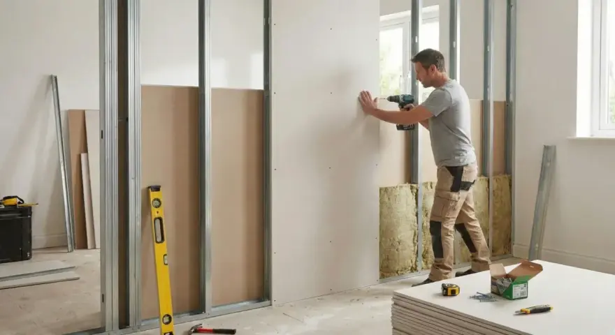 Un homme utilise une perceuse pour monter une cloison en placo sur une structure métallique. Des matériaux d'isolation sont visibles.