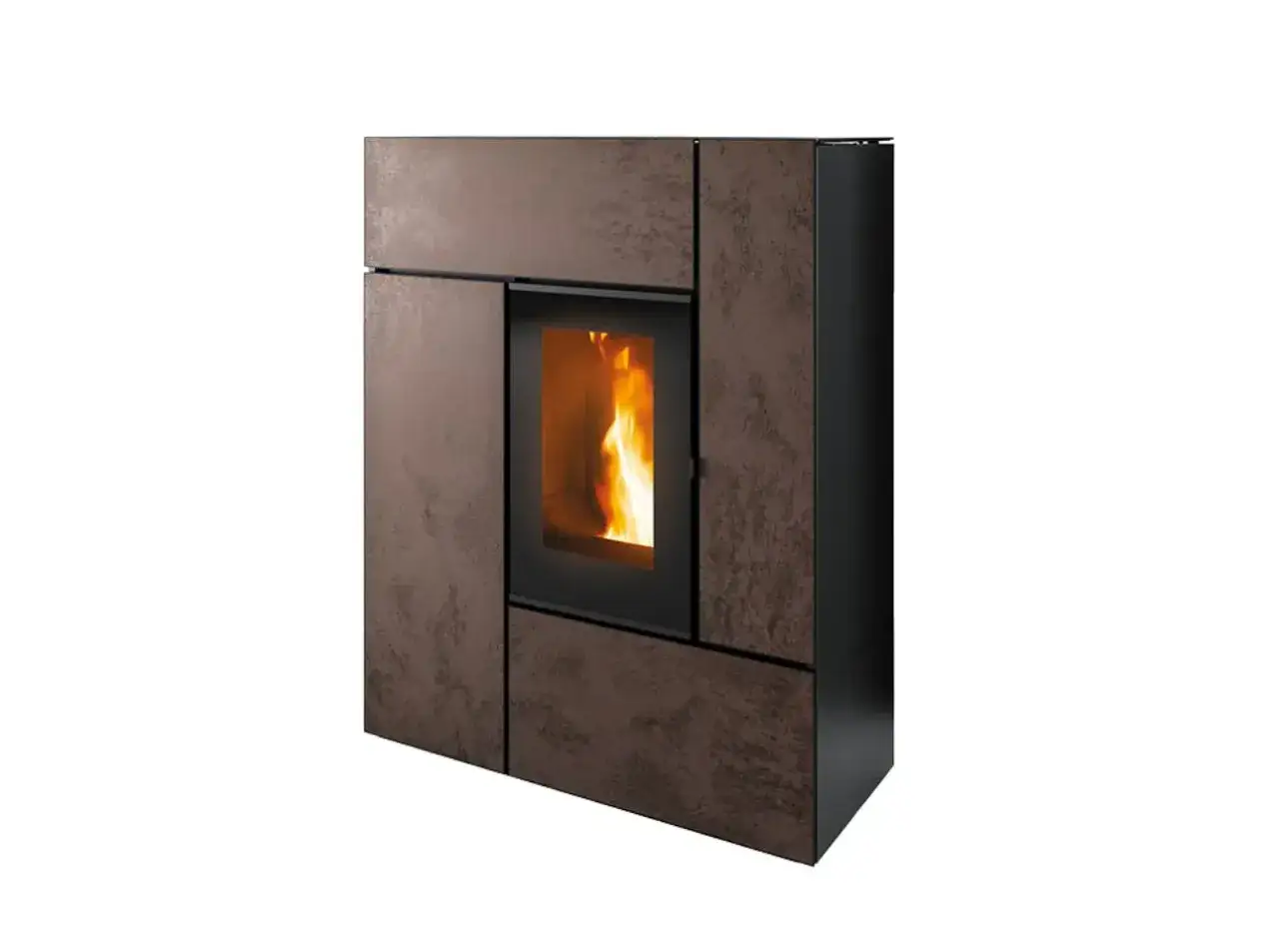 Poêle à granulés MCZ moderne, avec revêtement texturé brun et flammes vives visibles. Un avis positif pour ce chauffage design.