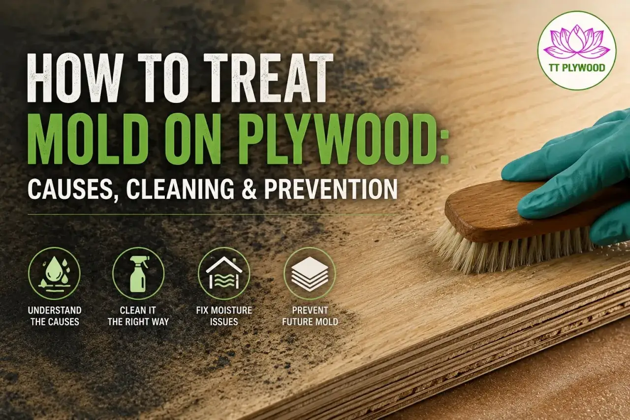 Guide pour enlever moisissure bois : causes, nettoyage et prévention. Une main gantée frotte le bois avec une brosse.