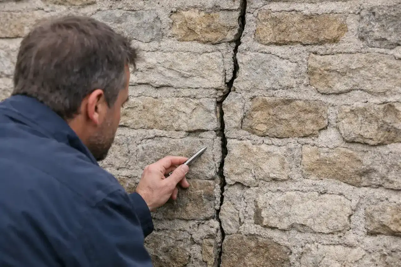 Un homme examine une fissure sur un mur de pierre, signe d'une rénovation maison ancienne nécessaire.