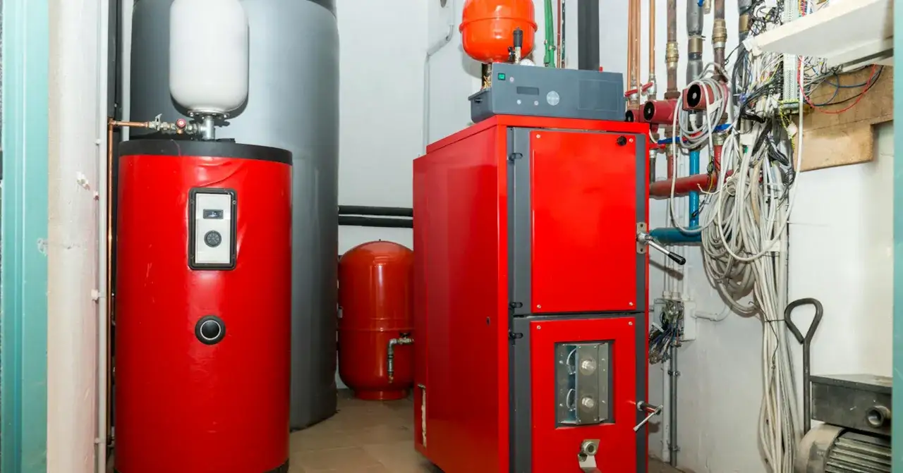 Une chaudière biomasse, c'est quoi ? Cet équipement de chauffage central rouge vif, avec ses réservoirs et son câblage complexe, illustre une solution écologique.