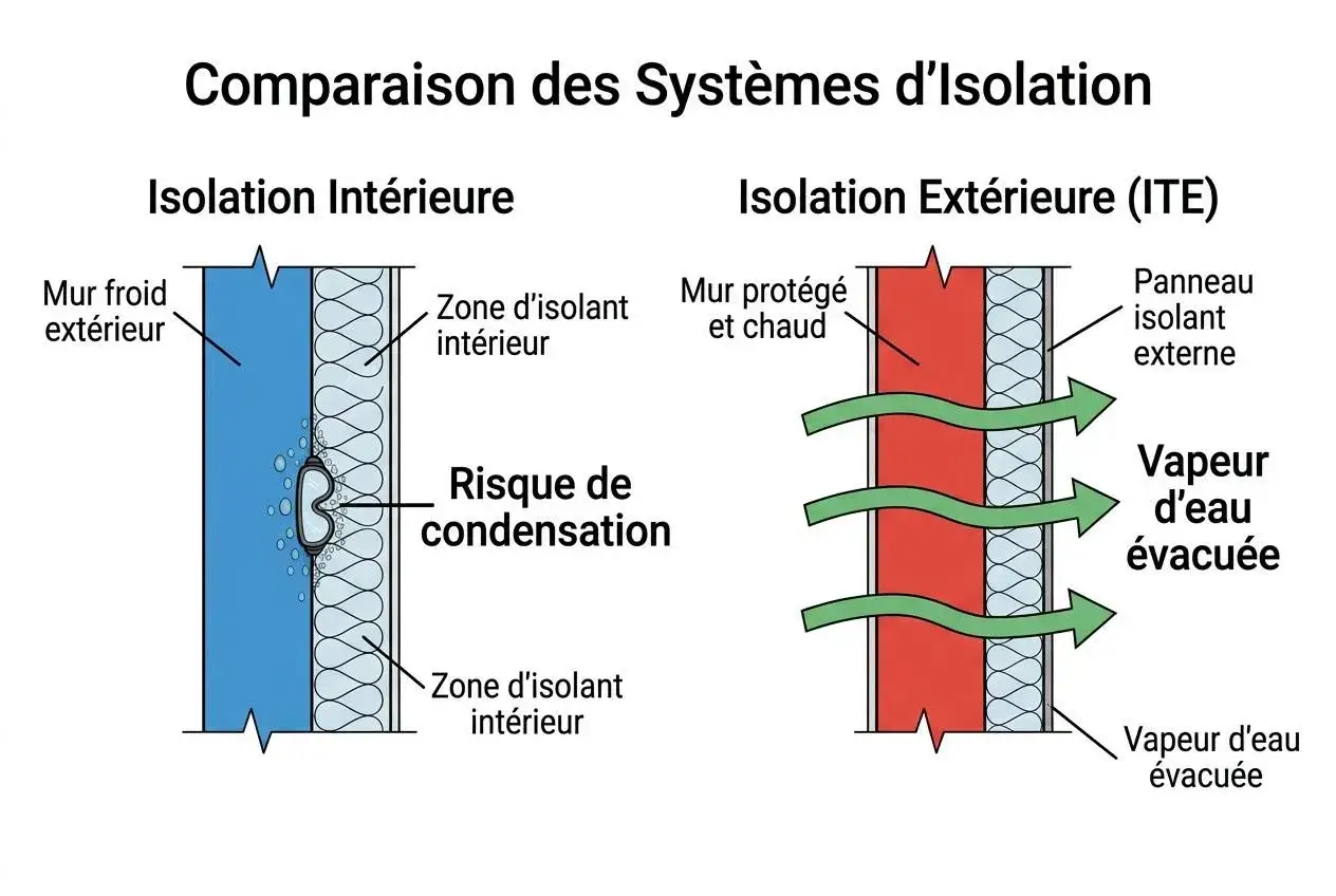 Comparaison isolation intérieure/extérieure. L'isolation intérieure présente un risque de condensation sur le mur froid, contrairement à l'ITE qui évacue la vapeur d'eau.