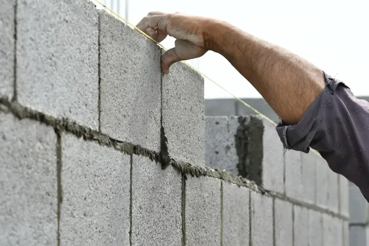 Main d'un maçon plaçant une parpaing pour monter un mur en parpaing de 2m. Le fil à plomb guide la pose.