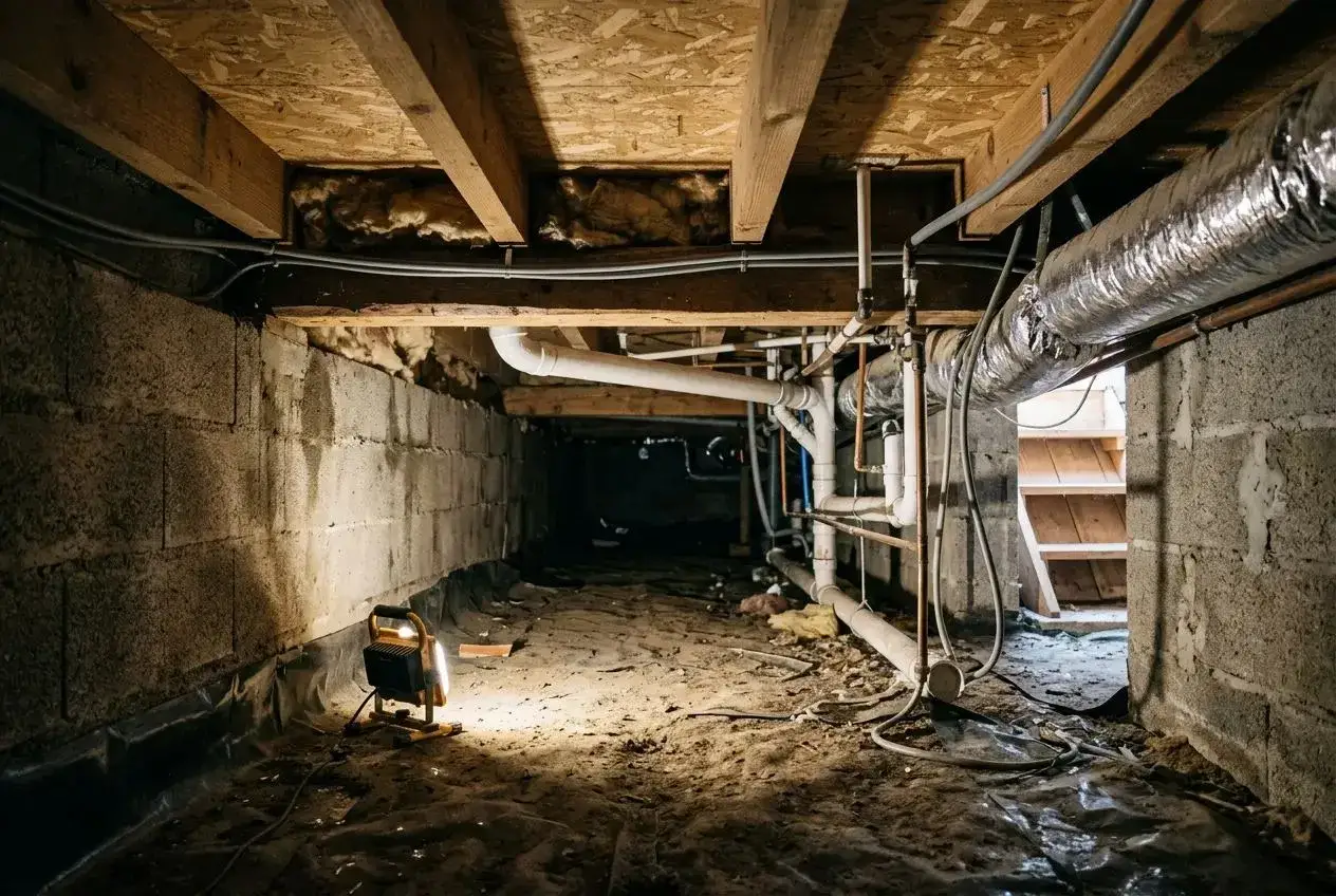 &Eacute;clairage d'un vide sanitaire humide, r&eacute;v&eacute;lant des tuyaux, des conduits et des murs en blocs de b&eacute;ton.