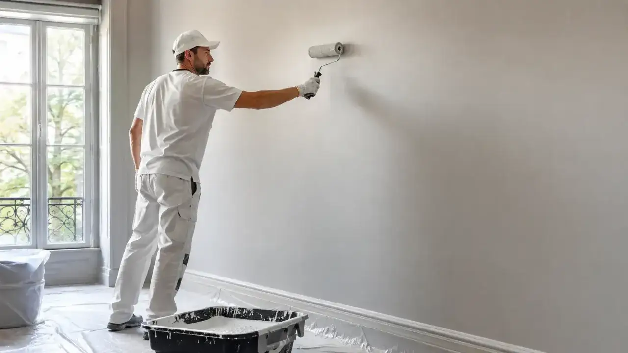 Un peintre en blanc applique une couche de peinture sur un mur. Il utilise un rouleau et un bac à peinture.