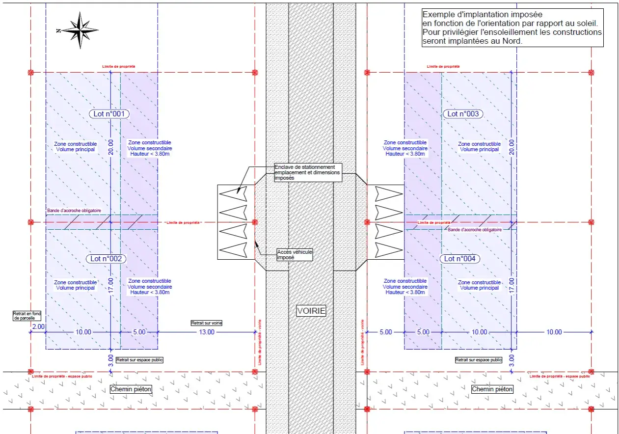 Plan de lotissement montrant les zones constructibles et les règles de construction en limite de propriété, avec tolérance pour l'ensoleillement.
