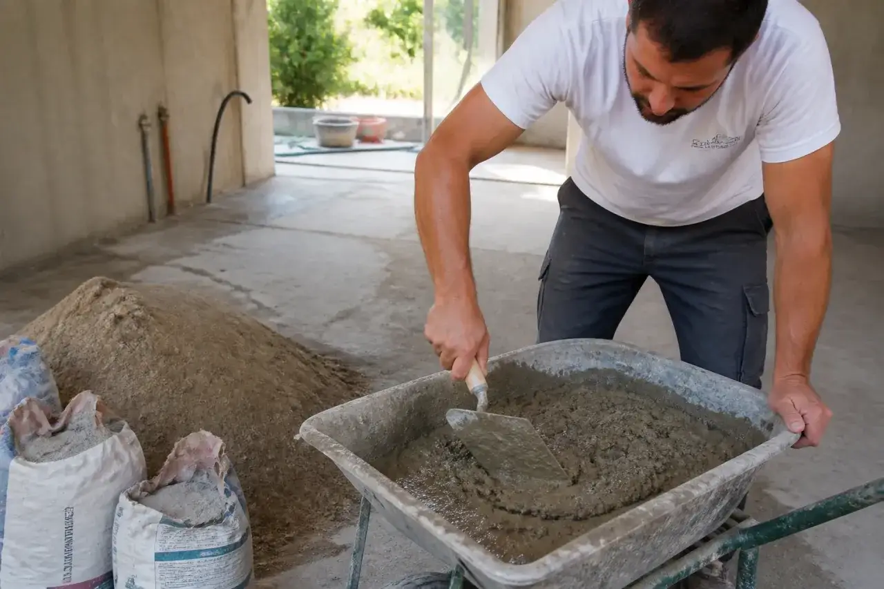Un ouvrier prépare un mortier dans une brouette. Il mélange le ciment et le sable, veillant à un chape maigre dosage pour une bonne consistance.