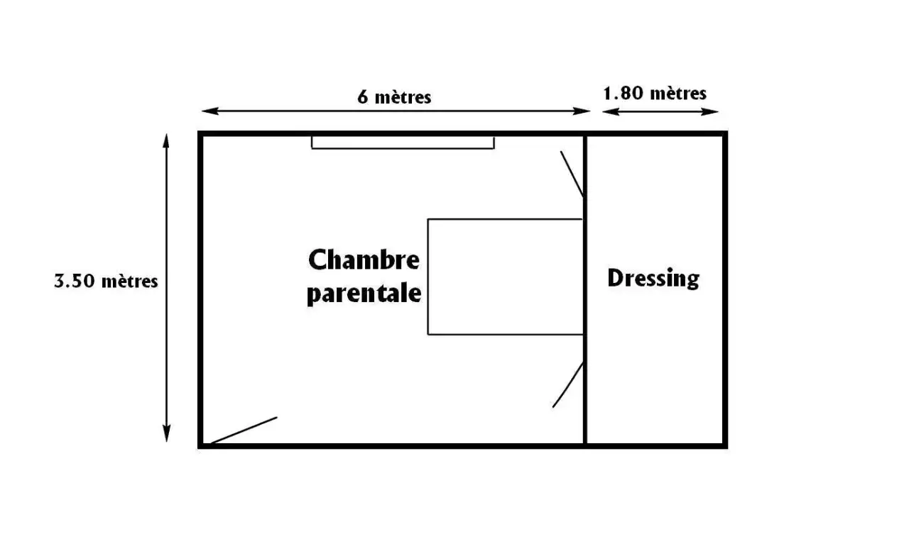 Plan d'une chambre parentale et d'un dressing. Dimensions : 3.50m x 7.80m. Calculer combien de litre de peinture par m2 pour ce projet.