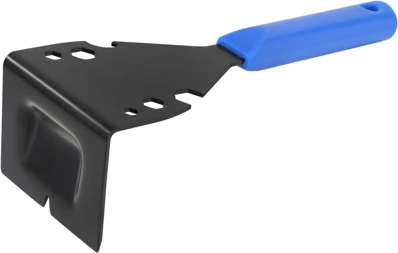 Outil pour enlever plinthe carrelage, avec manche bleu et lame noire découpée.