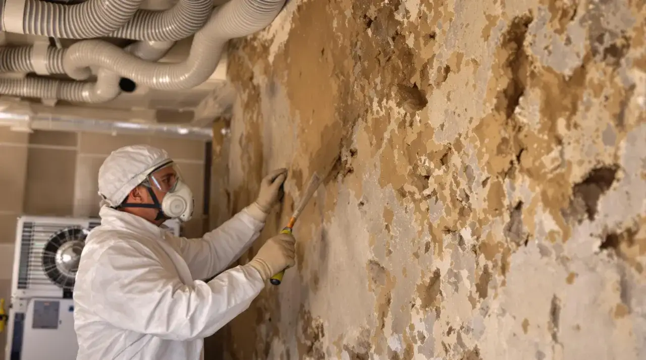 Un ouvrier en combinaison et masque retire une couche de plâtre dégradé d'un mur en pierre, signe de la présence de mérule.