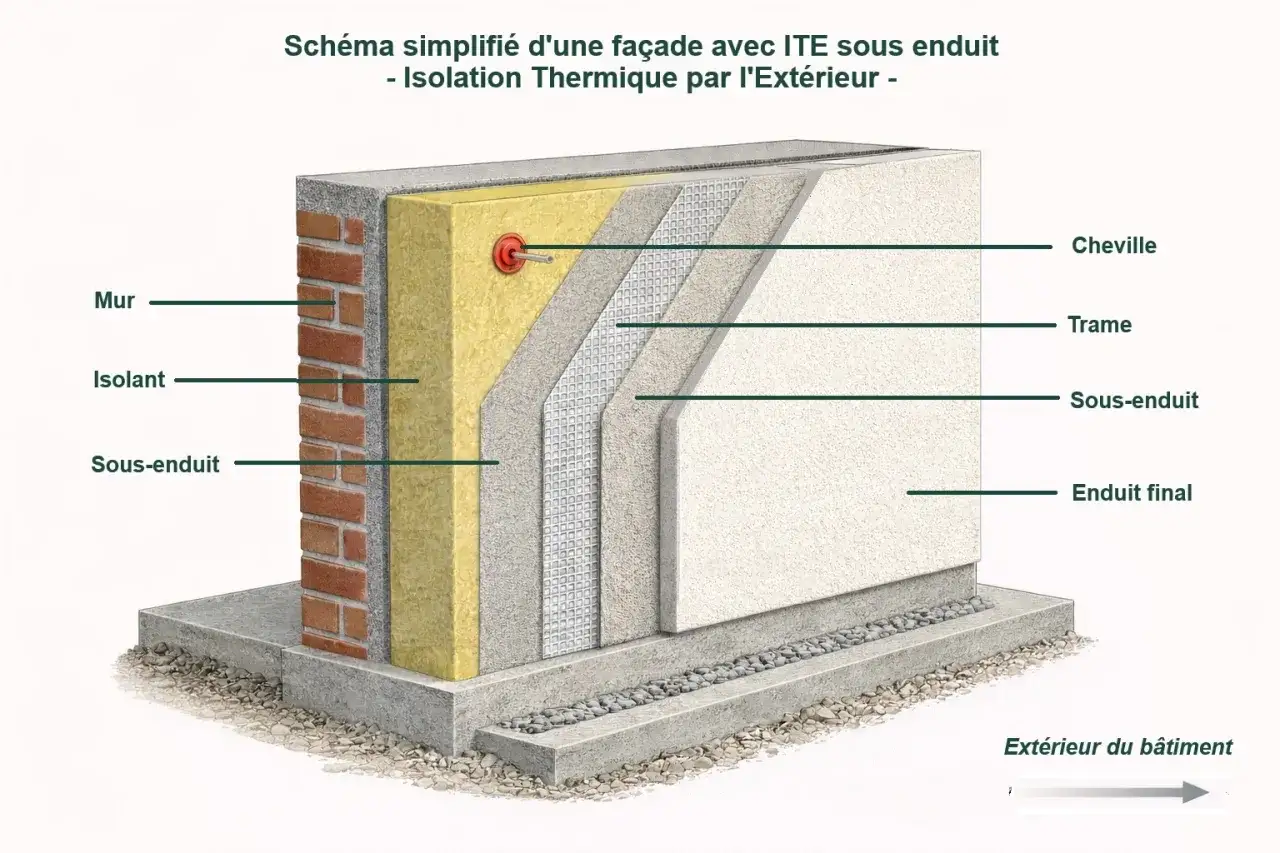 Sch&eacute;ma d'une fa&ccedil;ade avec isolation thermique par l'ext&eacute;rieur (ITE) : mur, isolant, trame, sous-enduit et enduit final. L'isolation exterieur facade prot&egrave;ge le b&acirc;timent.